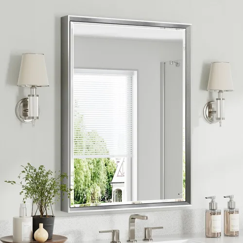 Vista 10 de Espejo de baño negro, espejo de baño biselado de 16 x 24 pulgadas para pared, espejo con marco negro antioxidante para decoración de baño, sala