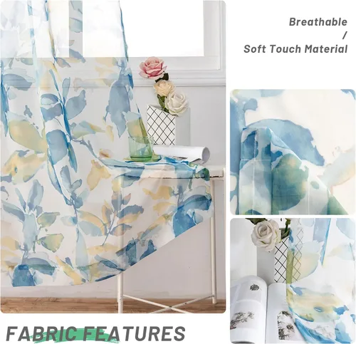 Vista 3 de VISIONTEX Cortinas transparentes con estampado de gasa, estilo abstracto europeo, estampado de hojas azules y amarillas, 2 paneles para decoración