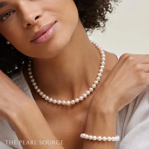 Vista 3 de The Pearl Source 14K Gold 6.5-7mm AAAA Quality Round White Freshwater Cultured Pearl Necklace & Earrings Set in 18" Princess Length for Women Pearl