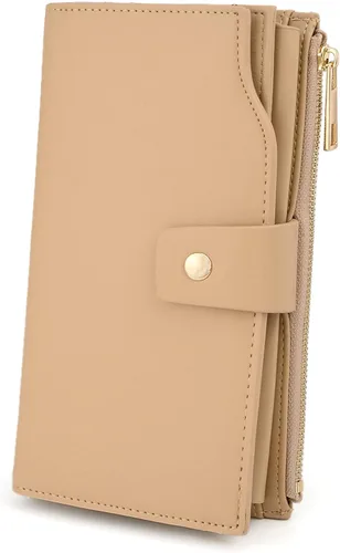 Vista 29 de UTO Cartera de cuero vegano para mujer, cartera larga con broche de presión, tarjetero de crédito, elegante embrague 0153 Gris
