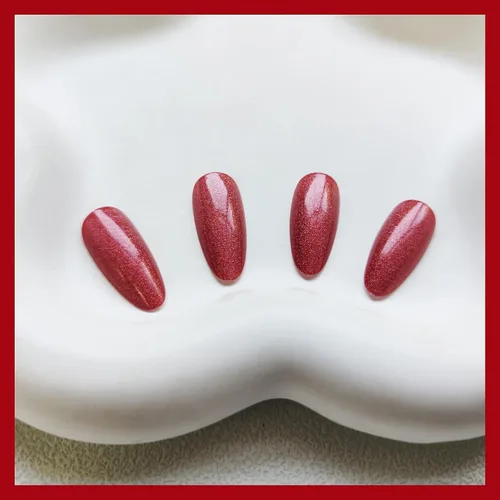 Vista 2 de Uñas postizas rojas de tamaño mediano en forma de almendra, uñas acrílicas brillantes con diseño de purpurina, uñas artificiales de cobertura a001