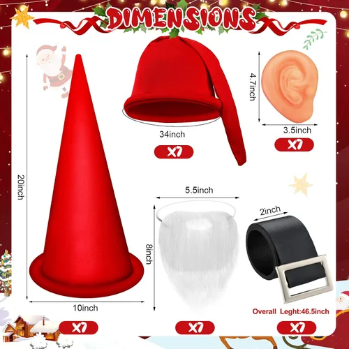 Vista 3 de 28 piezas de accesorios de disfraces enanos, sombreros enanos, orejas falsas, Papá Noel, barba falsa blanca y cinturón negro para disfraces