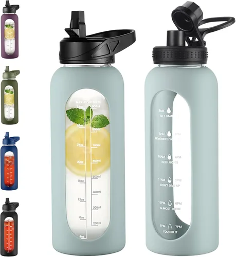Vista 30 de EALGRO Botella de agua de vidrio de 32 onzas con popote y asa, frasco de agua motivacional deportivo con funda de silicona, taza grande a prueba