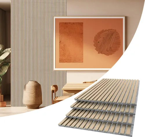 Vista 10 de AKUMAX Paquete de 2 paneles acústicos, listones de madera para pared y techo, paneles de espuma acústica de 96 x 24 pulgadas, paneles de pared 3D