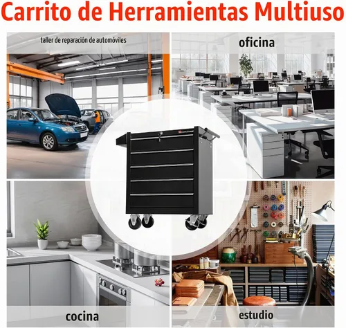 Vista 7 de Caja de herramientas con ruedas y cajones de almacenamiento de acero de alta resistencia de 5 cajones (TZ35-BK)