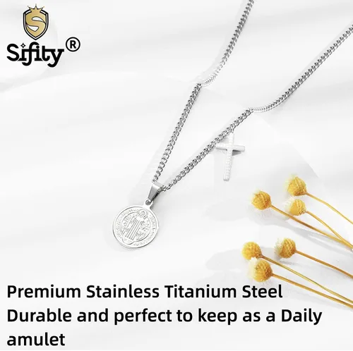 Vista 5 de Sifity - Collar con colgante de oro con cruz de acero de titanio con colgante de oración del Señor cadena religiosa 220in para hombres niños