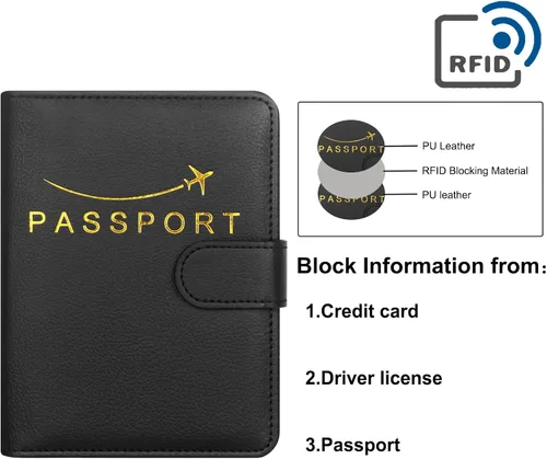 Vista 4 de Cartera de pasaporte de piel sintética para pasaporte, RFID impermeable, carteras esenciales para vacaciones, pasaporte, carteras de viaje