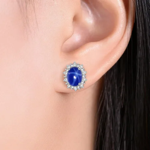 Vista 2 de RYLOS Aretes para mujer, aretes de plata 925 con piedra preciosa ovalada y diamantes auténticos, inspirados en la princesa Diana, aretes de piedra