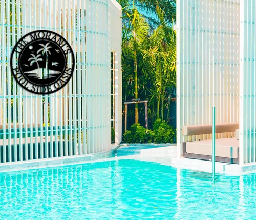 Vista 2 de Letrero de paraíso junto a la piscina, letrero de patio trasero, letreros personalizados con nombre de familia, decoración de piscina personalizada