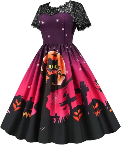 Vista 2 de Vestido de Halloween para mujer 2022 con cuello en V y manga corta con cremallera y panel de encaje