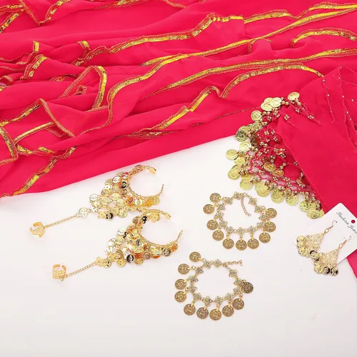 Vista 29 de Haysandy Conjunto de 8 piezas de danza del vientre para mujer, falda de danza del vientre, bufanda de cadera, 2 pulseras, aretes, pulsera de tobillo