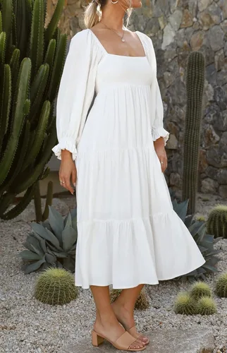 Vista 5 de R.Vivimos Vestido midi de algodón para mujer, manga larga, cuello cuadrado, casual, sin espalda, bohemio, para otoño