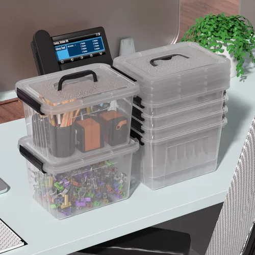 Vista 5 de Cajas de almacenamiento de plástico de 6 cuartos de galón con tapas y asas, contenedor de almacenamiento de cierre transparente, 6 paquetes