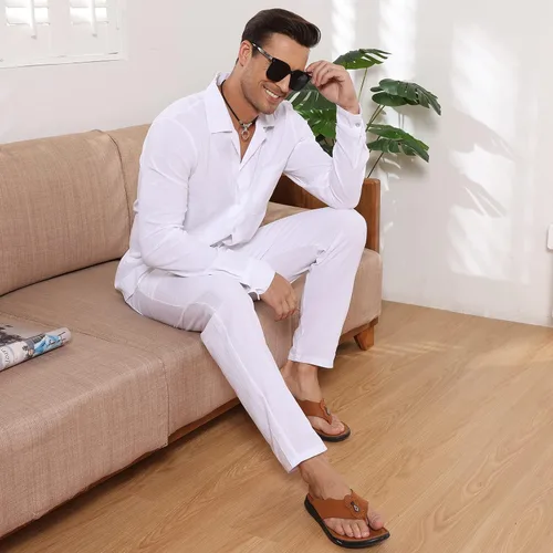 Vista 8 de EndoraDore Men's Outfits Linen Button Down Long Sleeve Shirt And Casual Beach Drawstring Waist Pants 2 Piece Set