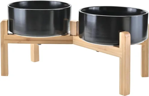 Vista 19 de SPUNKYJUNKY Cuencos elevados de cerámica para perros, 5.1 pulgadas, para comida de perros y gatos, cuencos elevados con soporte de bambú Verde oscuro