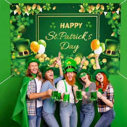 Vista 6 de Decoraciones de pancarta de feliz día de San Patricio, telón de fondo del día de San Patricio de 71 x 45 pulgadas con diseño de trébol de la suerte