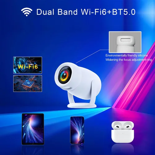 Vista 4 de Mini proyector portátil inteligente de 180° 4K con WiFi y Bluetooth para iPhone, proyector de techo de dormitorio 300ANSI con aplicaciones 1080P