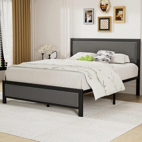 Vista 3 de VECELO Marco de cama tamaño Queen con cabecera tapizada, plataforma resistente con listones de metal fuertes, no necesita somier, fácil montaje