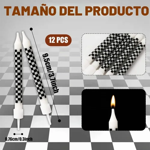 Vista 2 de 12 velas de bengala de cumpleaños con temática de autos de carreras, bandera a cuadros en blanco y negro, velas para pastel de cumpleaños