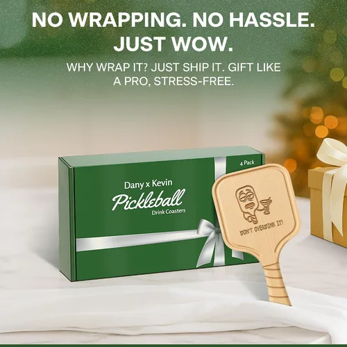 Vista 4 de Juego de 4 posavasos de paleta de pickleball – Regalo ingenioso para amantes del pickleball, hombres y mujeres – Madera de abedul premium