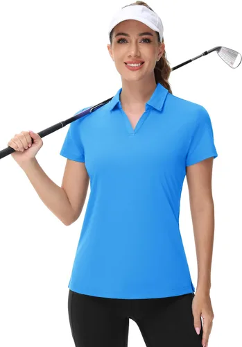 Vista 5 de TACVASEN Polo de manga corta con cuello en V para mujer, con protección solar UPF 50+, secado rápido, para golf
