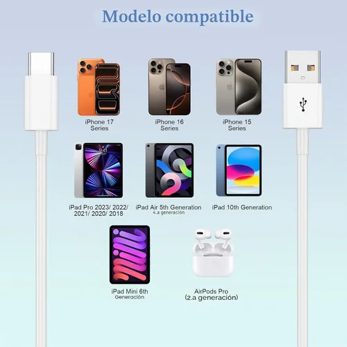 Vista 3 de Cable Carplay de coche para iPhone 17/16/15, iPhone 17/16/15Pro 17/16/15 ProMax 17/16/15 Plus, cable USB A a USB C para Apple Carplay, cargador