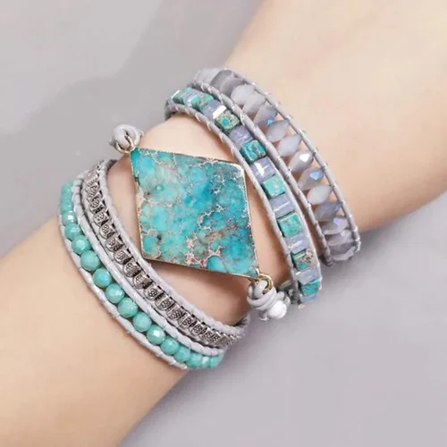 Vista 4 de Ygline Pulsera bohemia hecha a mano, con piedra de cristal, envolvente, de cuero, para mujer