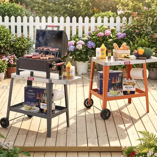 Vista 6 de Feasto Carro de Parrilla al Aire Libre, Mesa con Horno de Pizza con Ruedas, Encimera de Acero Inoxidable con Mesa Extensible Plegable, Carro