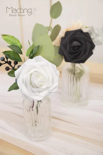 Vista 2 de MACTING 30 PCS Flores Artificiales Rosas Negras y Blancas Flores Falsas con Tallo Rosas de Espuma de Tacto Real para Boda Bola de Besos Ramillete