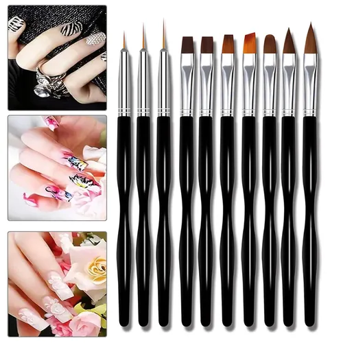Vista 2 de Juego de 10 pinceles para arte de uñas, pinceles de gel y acrílicos para Negro
