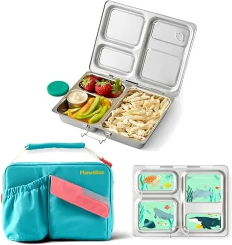 Vista 7 de PlanetBox Launch - Kit de caja de almuerzo estilo Bento de acero inoxidable para niños y adolescentes con 3 compartimentos – Edición Stardust