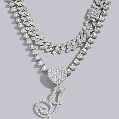 Vista 5 de DLSIXNCO Cadena de eslabones cubanos de plata para mujer, collares en capas con iniciales cursivas en forma de corazón, collar con colgante