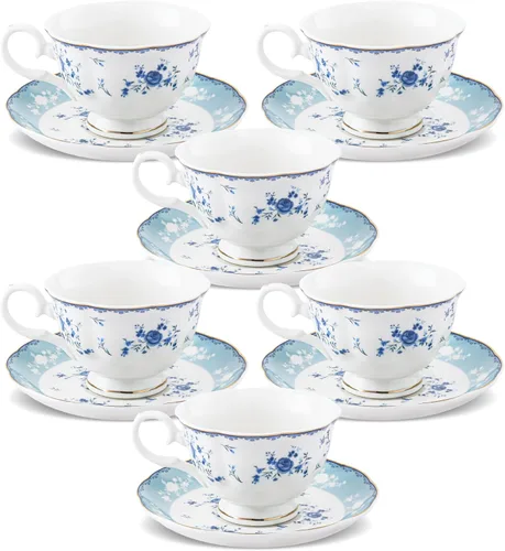 Vista 7 de fanquare Juego de té de porcelana de rosa azul, tetera floral británica con tazas de té, juego de fiesta de té para mujer para 6