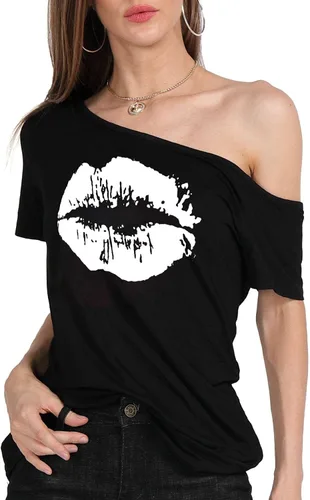 Vista 15 de MAGICMK - Camiseta casual para mujer, con estampado de labios y hombro descubierto, talla extragrande