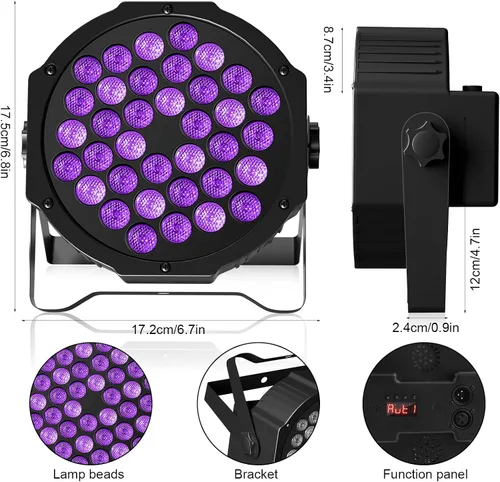 Vista 4 de U`King Luces negras para fiesta brillante, 72 W, UV, 36 LED, luz negra que brilla en la oscuridad, luz negra estroboscópica con control remoto DMX