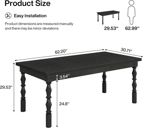 Vista 2 de Tribesigns Mesa de comedor de madera de 62 pulgadas para 4 a 6 personas, mesa de cocina rectangular grande de granja, mesa de comedor moderna, Negro