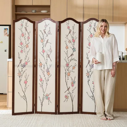 Vista 6 de Svimi Biombo Plegable de Madera de 4 Paneles Estilo Oriental Divisor de Habitación – Pantalla de Privacidad Independiente y Panel de Pared Divisorio