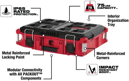 Vista 6 de Milwaukee Packout - Kit combinado de caja de herramientas de polímero resistente, cajas grandes, estándar y con ruedas