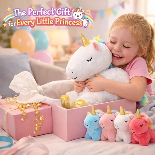Vista 6 de KMUYSL Juguetes para Niñas de 0 1 2 3 4 5 6 7 8+ Años – Animal de Peluche de Unicornio Mamá con 4 Bebés Unicornios en su Barriguita, Set de Juguetes
