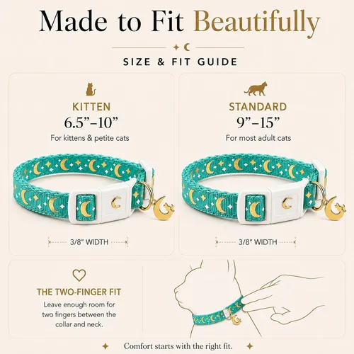 Vista 6 de waaag - Collar de seguridad para gato, con diseño de lunas y estrellas doradas, brilla en la oscuridad