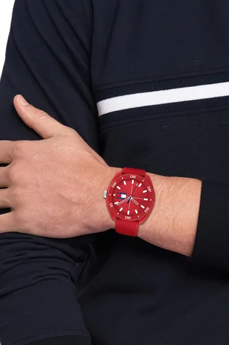Vista 4 de Tommy Hilfiger Caja de plástico de cuarzo unisex y reloj de correa de silicona, color rojo (modelo 1792065), Rojo