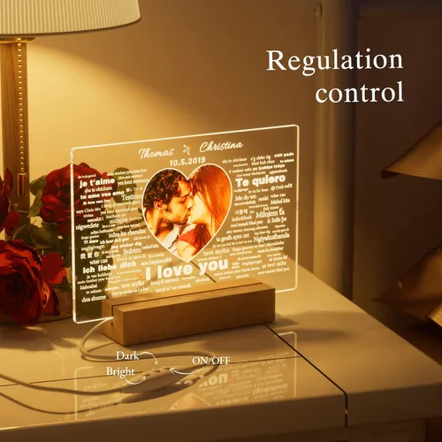 Vista 5 de Bemaystar Regalos personalizados para novia, novio, 100 idiomas con texto en inglés "I Love You", luz nocturna con imagen, aniversario, San