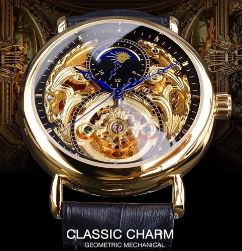 Vista 2 de Relojes automáticos para hombre, reloj de esqueleto Tourbillon dorado, fase lunar, impermeable, de acero inoxidable