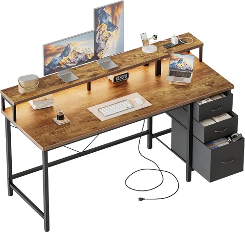 Vista 43 de Escritorio grande para computadora de 48 pulgadas con cajón y estantes de almacenamiento, escritorio ejecutivo de alta resistencia con tomas