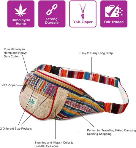 Vista 3 de Maha Bodhi - Riñonera para festivales de cáñamo estilo boho hippie cintura para correr riñonera diseño de rayas multicolor