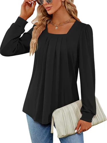 Vista 7 de Funlingo 2023 - Blusas de manga larga para mujer, estilo túnica, plisadas, con cuello cuadrado, estilo casual, holgadas
