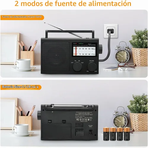 Vista 2 de Radio AM/FM portátil con control de graves AC y batería Negro