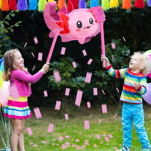 Vista 6 de Sratte Piñata de ajolote rosa con suministros para fiesta de cumpleaños, 14.96 x 9.45 x 2.95 pulgadas