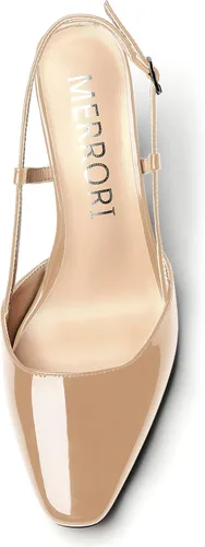 Vista 3 de MERRORI Zapatos de tacón bajo de cuña con hebilla y punta cuadrada para mujer, de patente sólida, de 2 pulgadas Beige