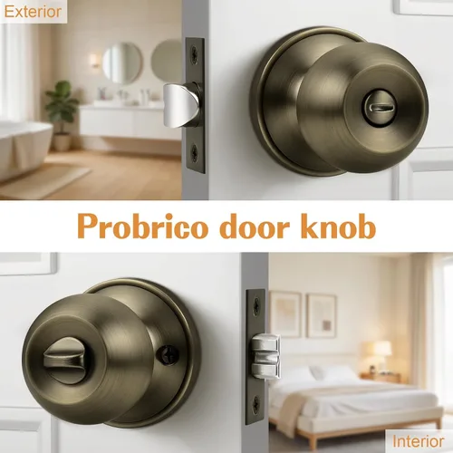 Vista 3 de Probrico Perillas de puerta interior de acero inoxidable, cerraduras de puerta sin llave para dormitorio, baño, bronce antiguo, 1 paquete